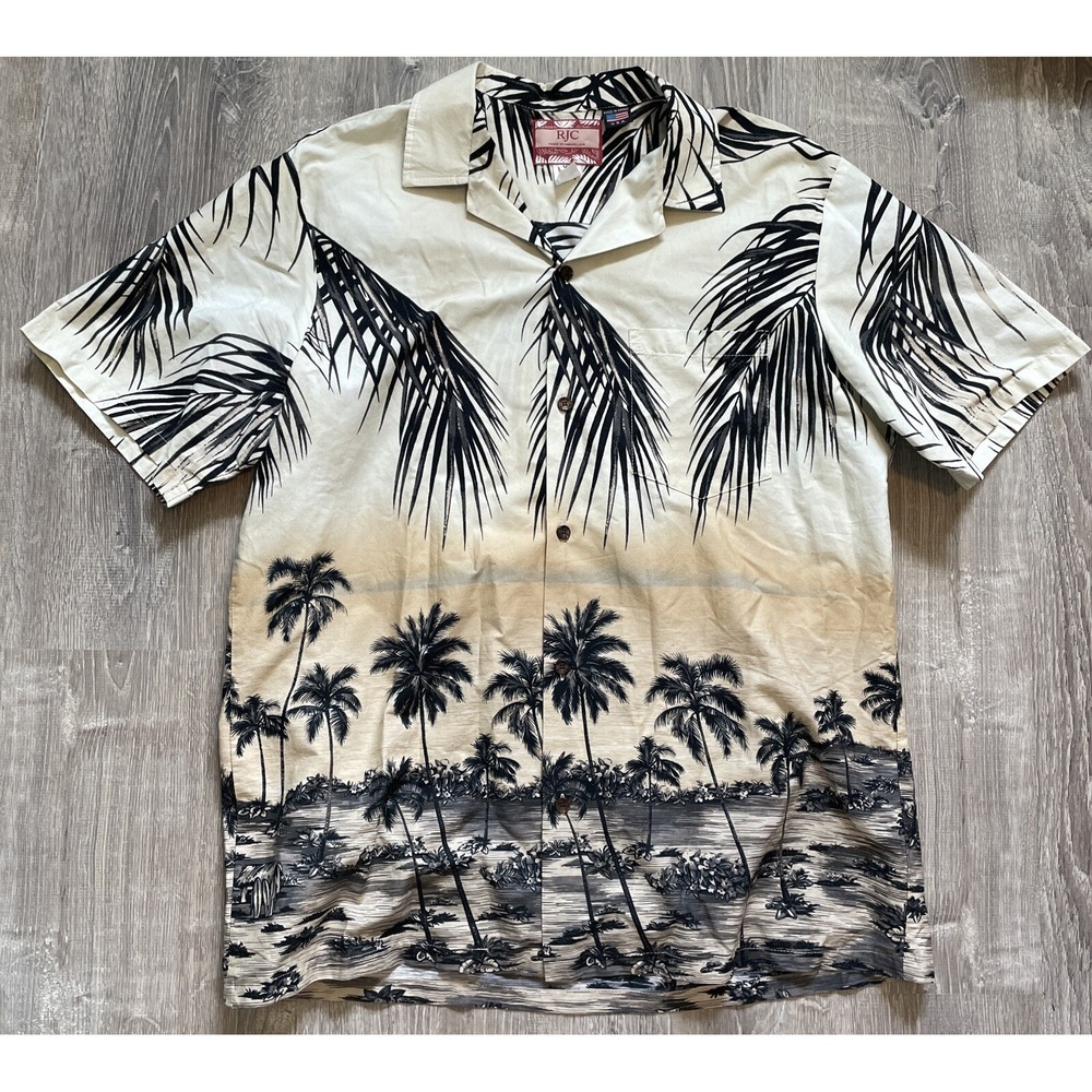 Vintage Mens Hawaiian Shirt RJC USA Made in Hawaii Size XL 100% Cotton Palm Tree